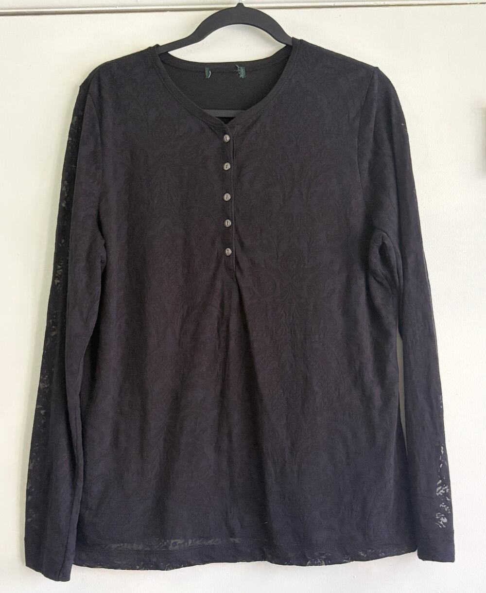 Lauren Ralph Lauren Black Paisley Burnout Henley Top Long Sleeve Blouse Size L